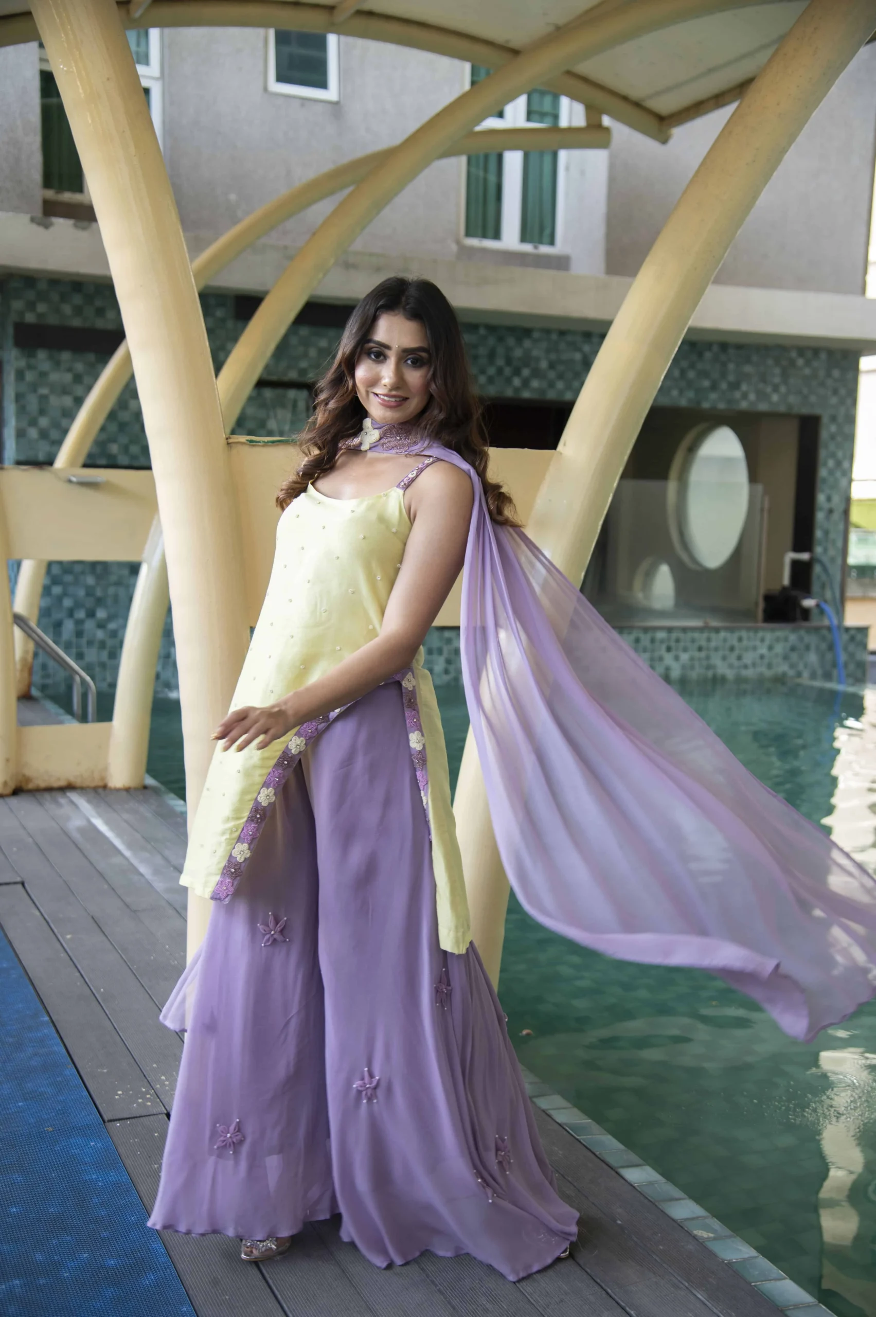 Lime Lilac Muse Sharara And Short Kurta Set