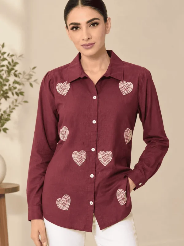 Burgundy Heart Embroidery Shirt