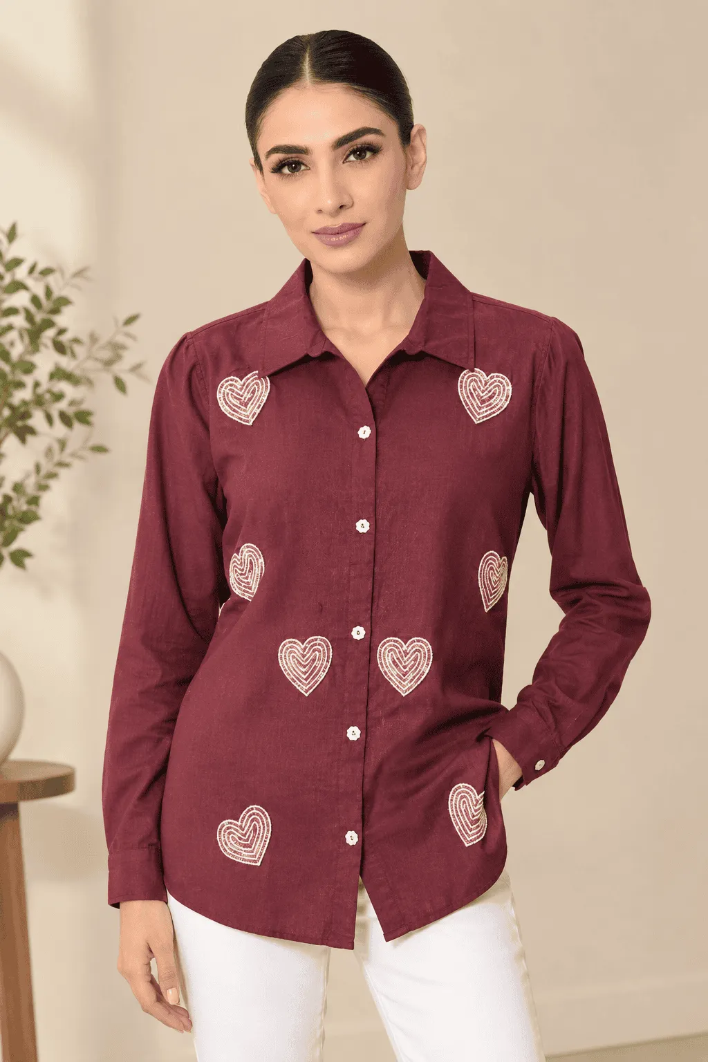 Burgundy Heart Embroidery Shirt