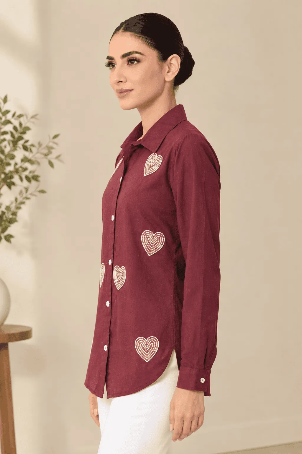 Burgundy Heart Embroidery Shirt