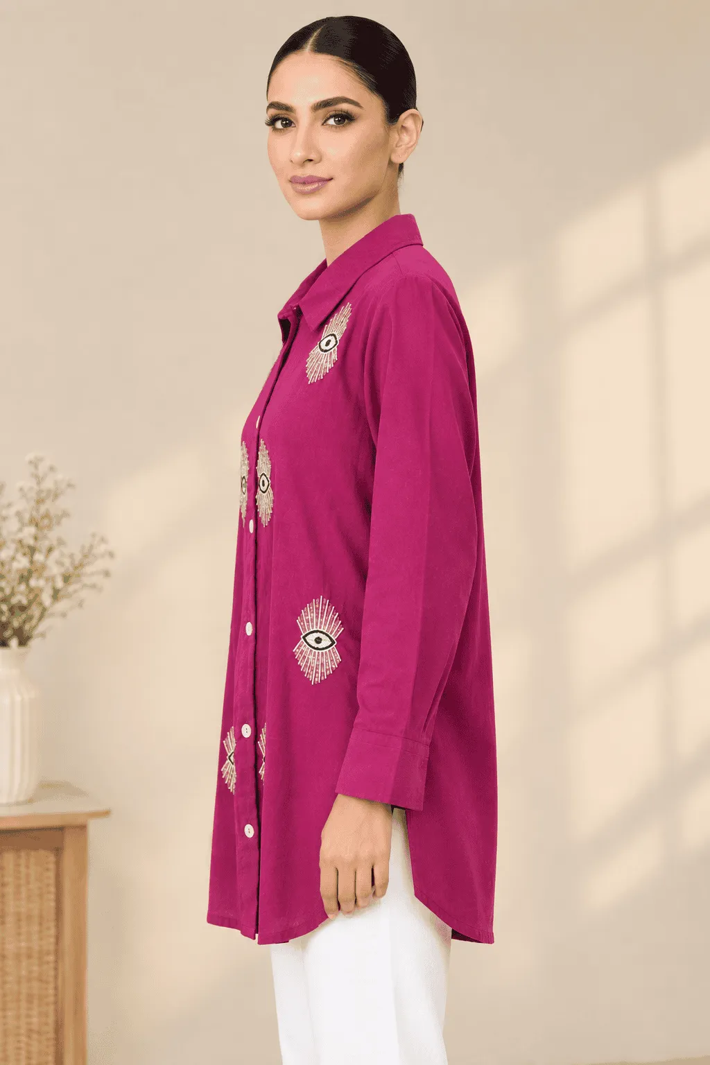 Fuchsia Evil Eye Embroidery Shirt