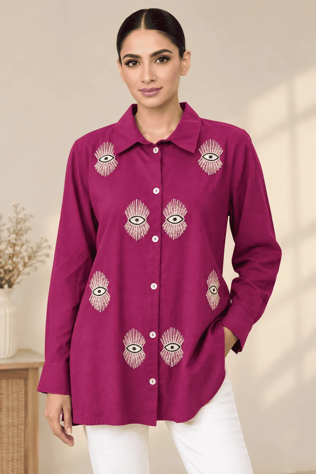 Fuchsia Evil Eye Embroidery Shirt