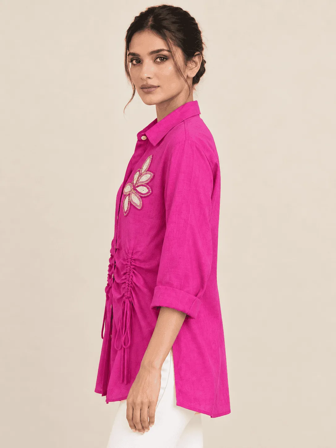 Hot Pink Ruched Drawstring Shirt