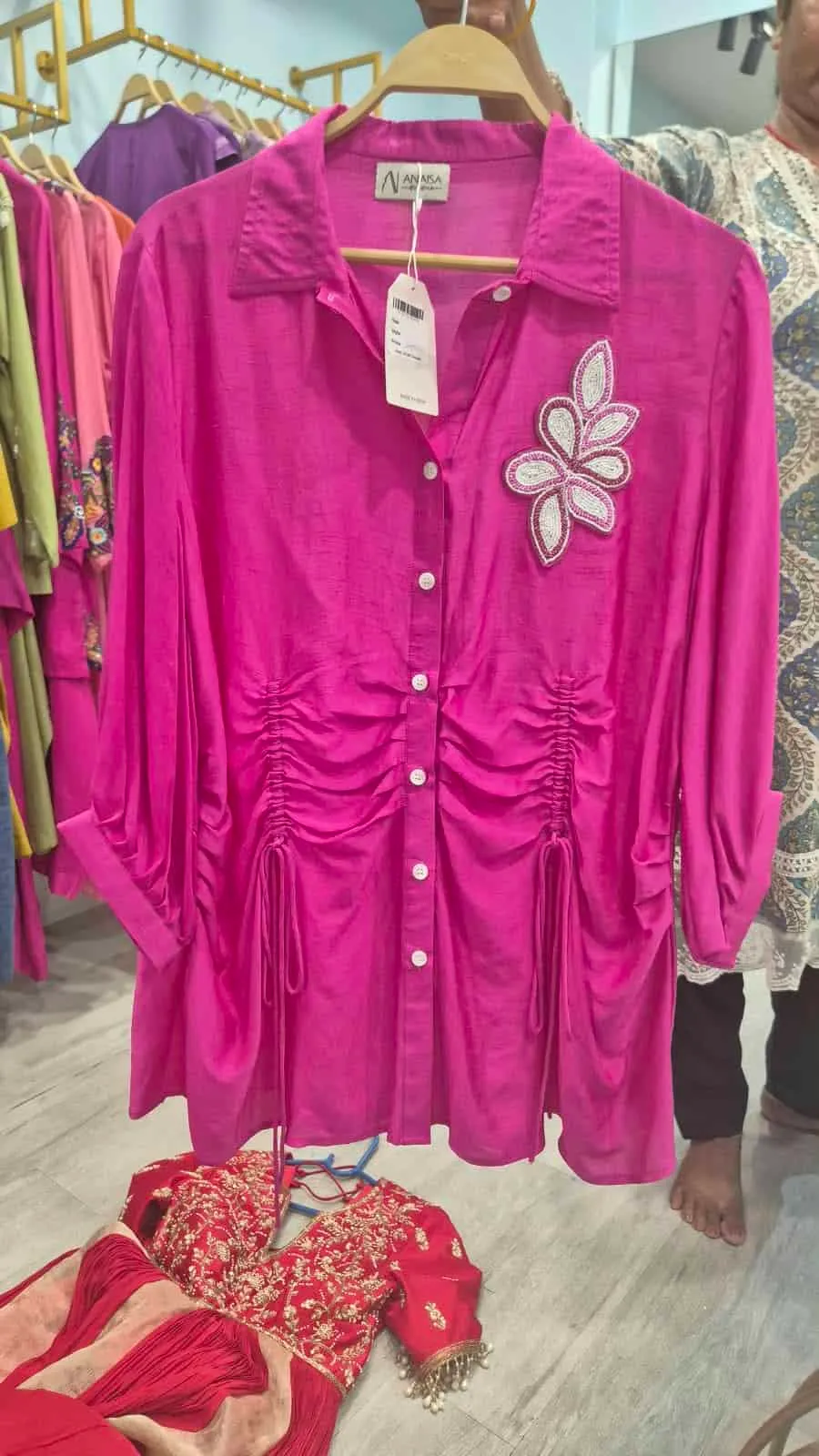 Hot Pink Ruched Drawstring Shirt