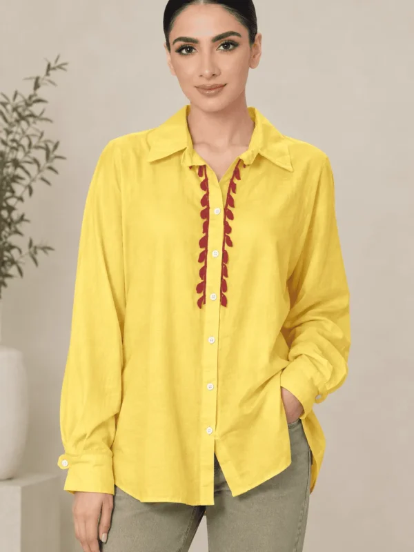 Boho Trim Crochet Mustard Shirt