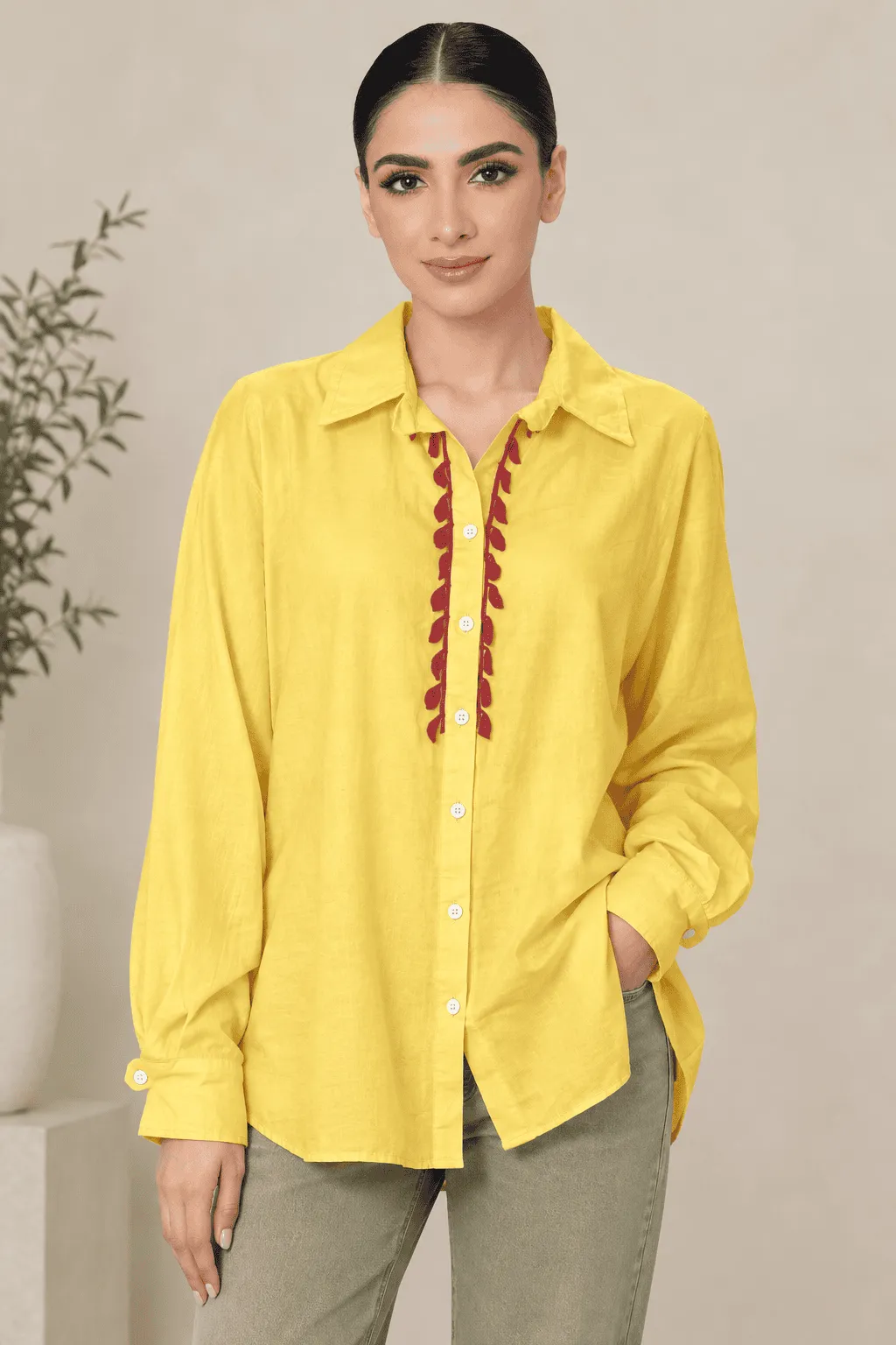 Boho Trim Crochet Mustard Shirt
