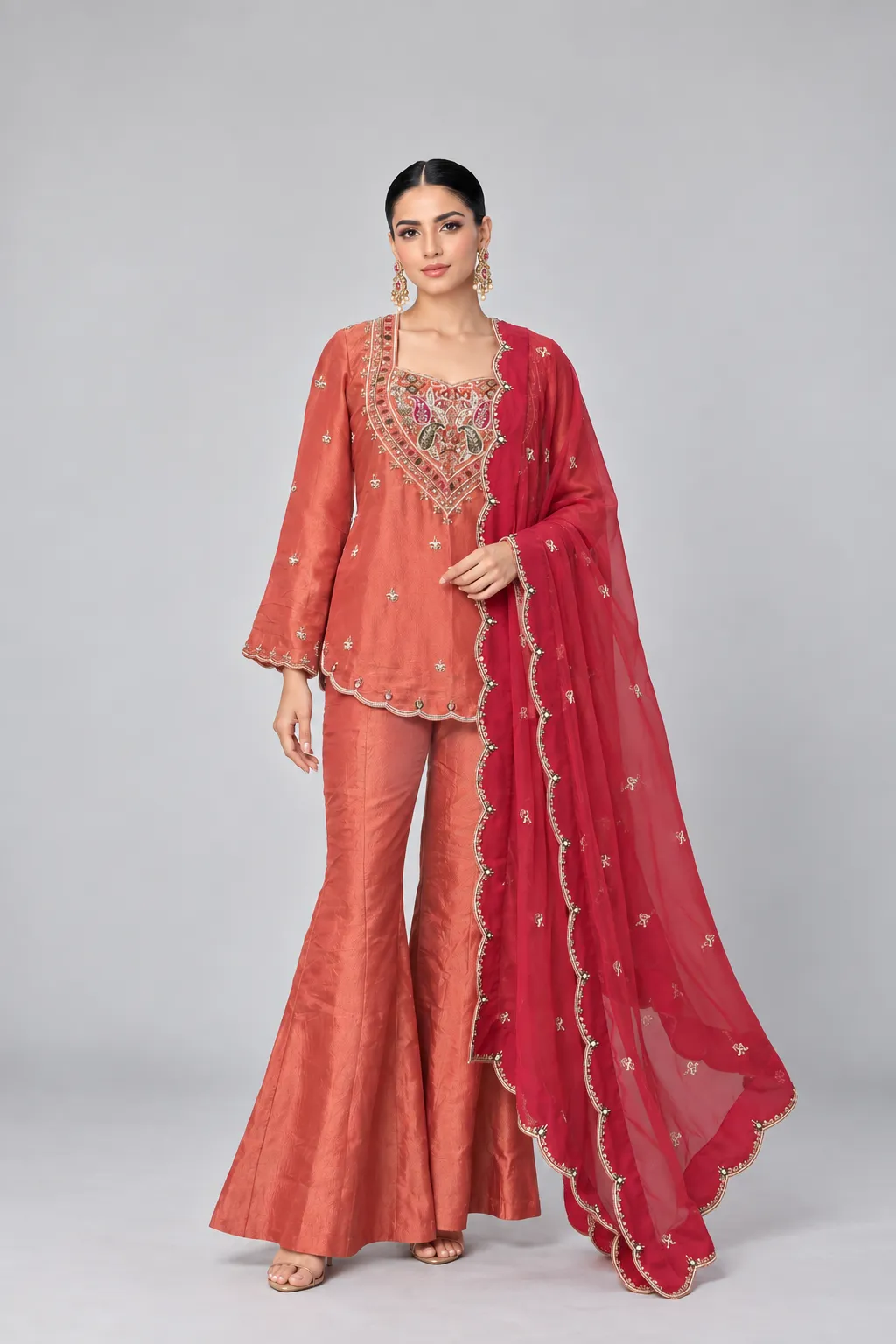 Rust Gold Tissue Sharara Set