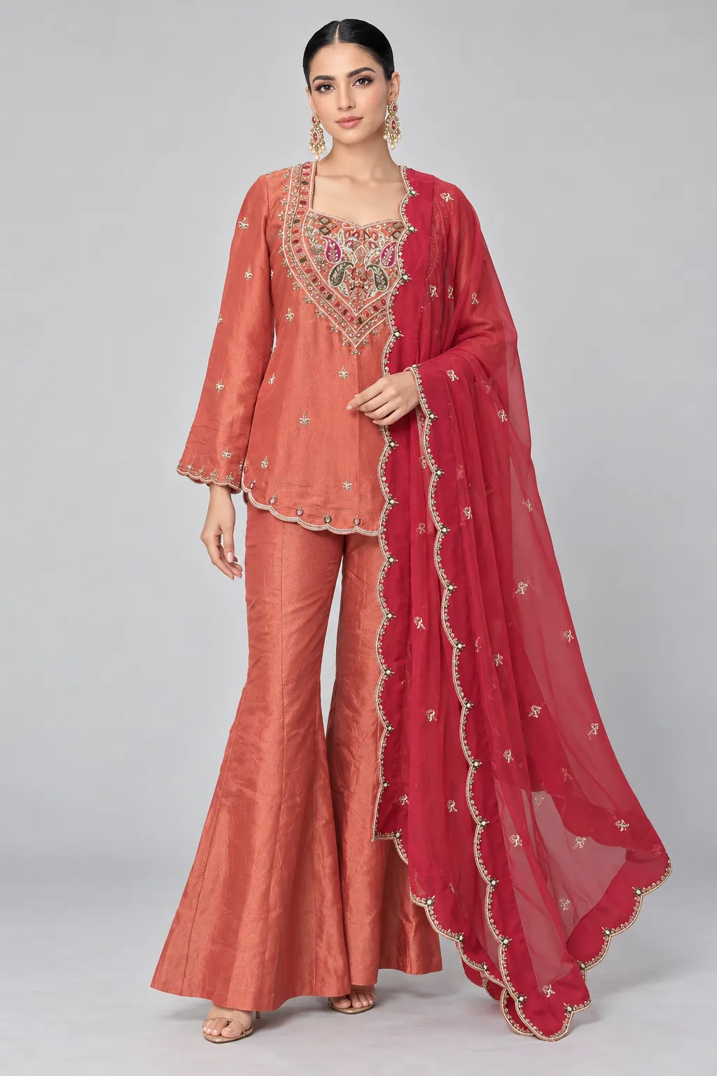 Rust Gold Tissue Sharara Set